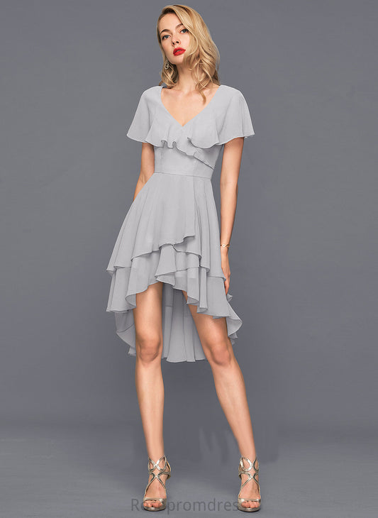 V-neck Makenna Dress With Asymmetrical A-Line Chiffon Ruffles Cocktail Cascading Cocktail Dresses