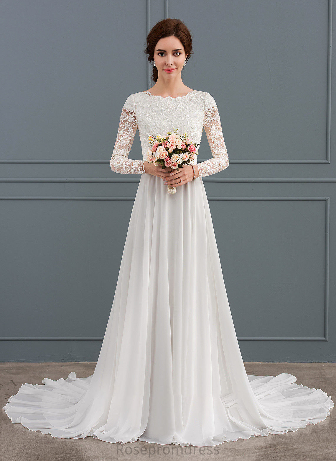 Beading Neck Train Chiffon Scoop Wedding Dresses With A-Line Dress Court Wedding Yoselin