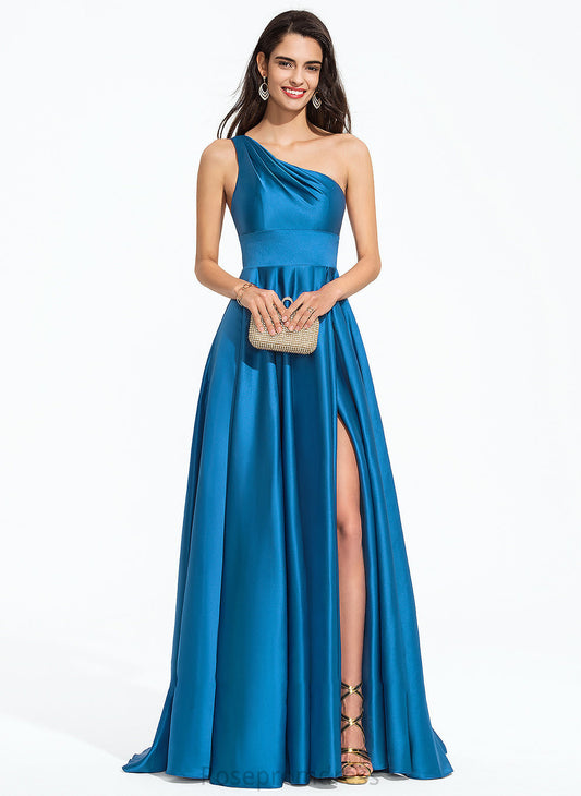 Prom Dresses Train A-Line Ellen One-Shoulder With Front Split Sweep Satin