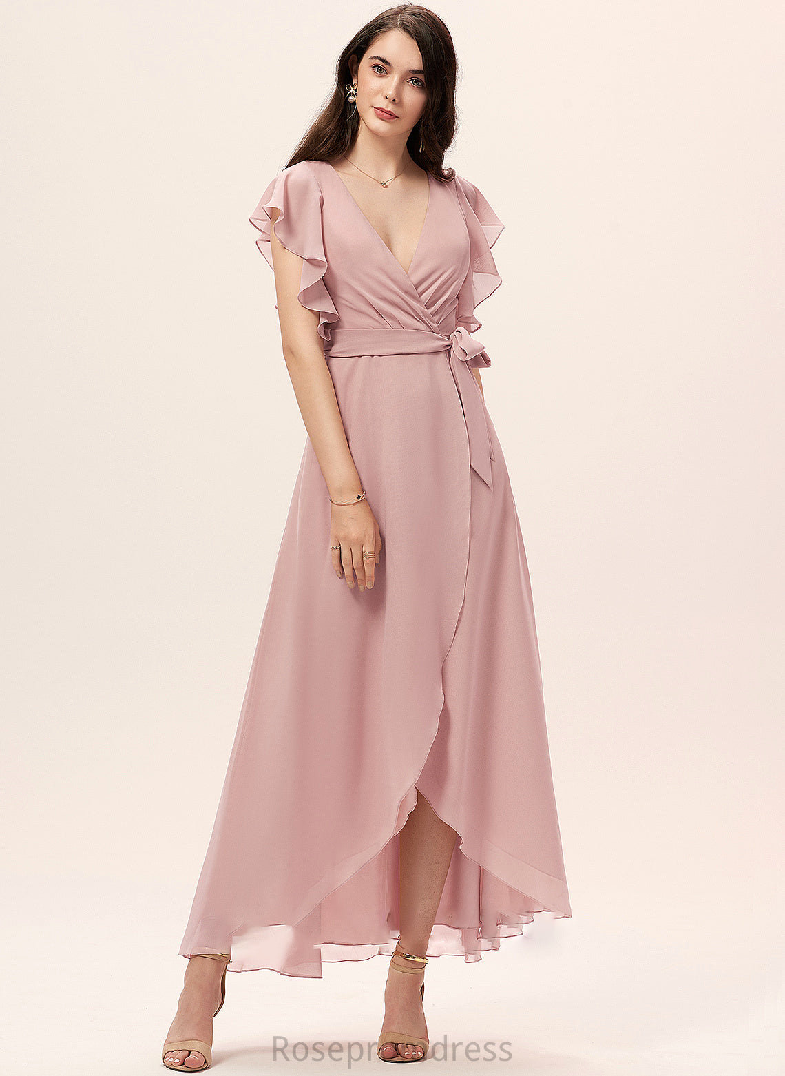 Neckline A-Line Ruffle V-neck Length Silhouette Embellishment Asymmetrical Fabric Emerson Scoop Sleeveless Bridesmaid Dresses