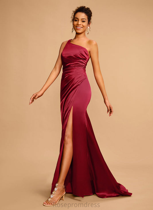 Satin One-Shoulder Aliyah Train Prom Dresses Front With Sheath/Column Pleated Sweep Split