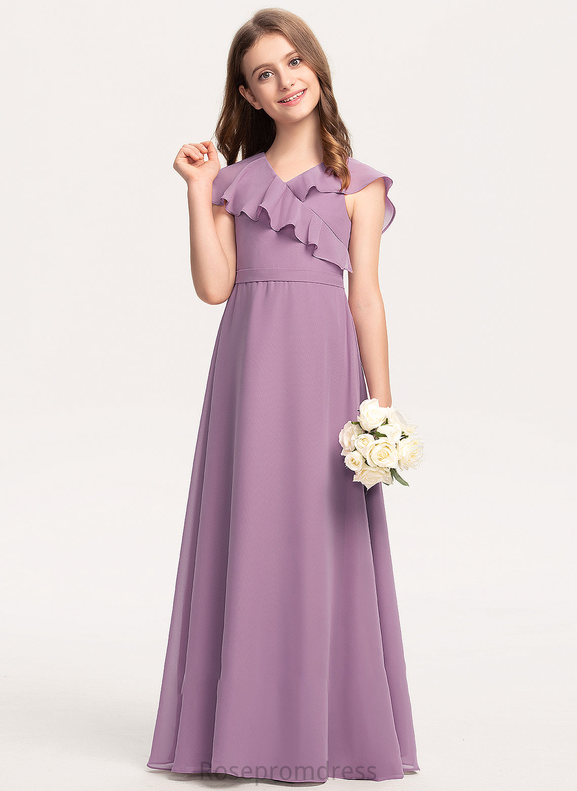 With Junior Bridesmaid Dresses A-Line Ruffles Floor-Length Bow(s) Cascading Chiffon Cloe V-neck