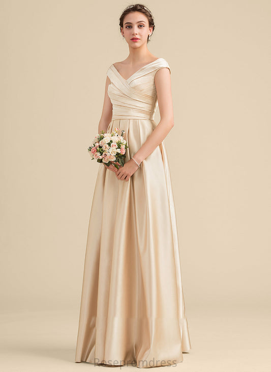 A-Line Silhouette Off-the-Shoulder Ruffle Length Pockets Embellishment Neckline Fabric Floor-Length Amari Natural Waist Bridesmaid Dresses