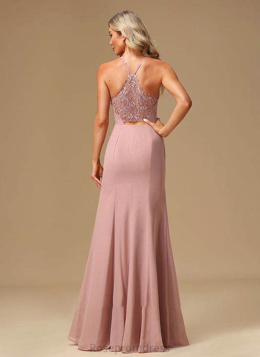 Neckline HighNeck SplitFront Floor-Length Embellishment Silhouette Lace A-Line Fabric Length Isabela Bridesmaid Dresses