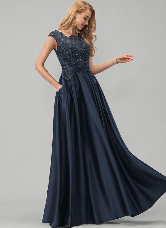 Prom Dresses Floor-Length Scoop Ball-Gown/Princess With Lace Caylee Pockets Satin Sequins Beading Bow(s) Neck
