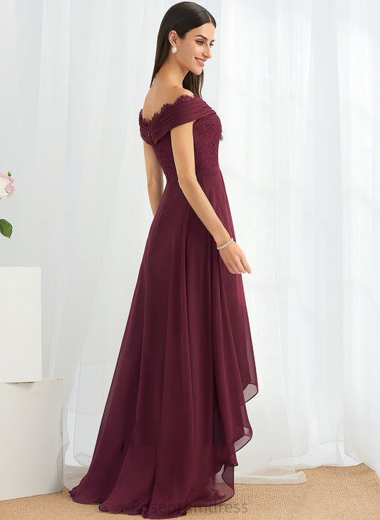 Fabric A-Line Asymmetrical Lace Embellishment Off-the-Shoulder Neckline Silhouette Length Haley Spaghetti Staps Floor Length Bridesmaid Dresses