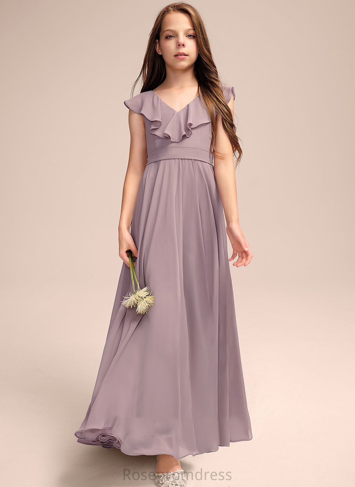 Cascading A-Line Chiffon V-neck Junior Bridesmaid Dresses Muriel Ruffles With Floor-Length