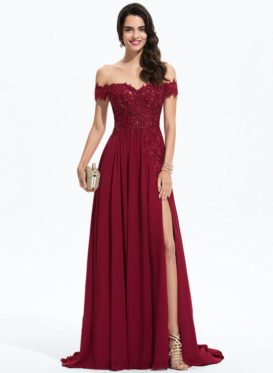 Off-the-Shoulder A-Line Prom Dresses Train Chiffon Lace Kaydence Sweep With Sequins