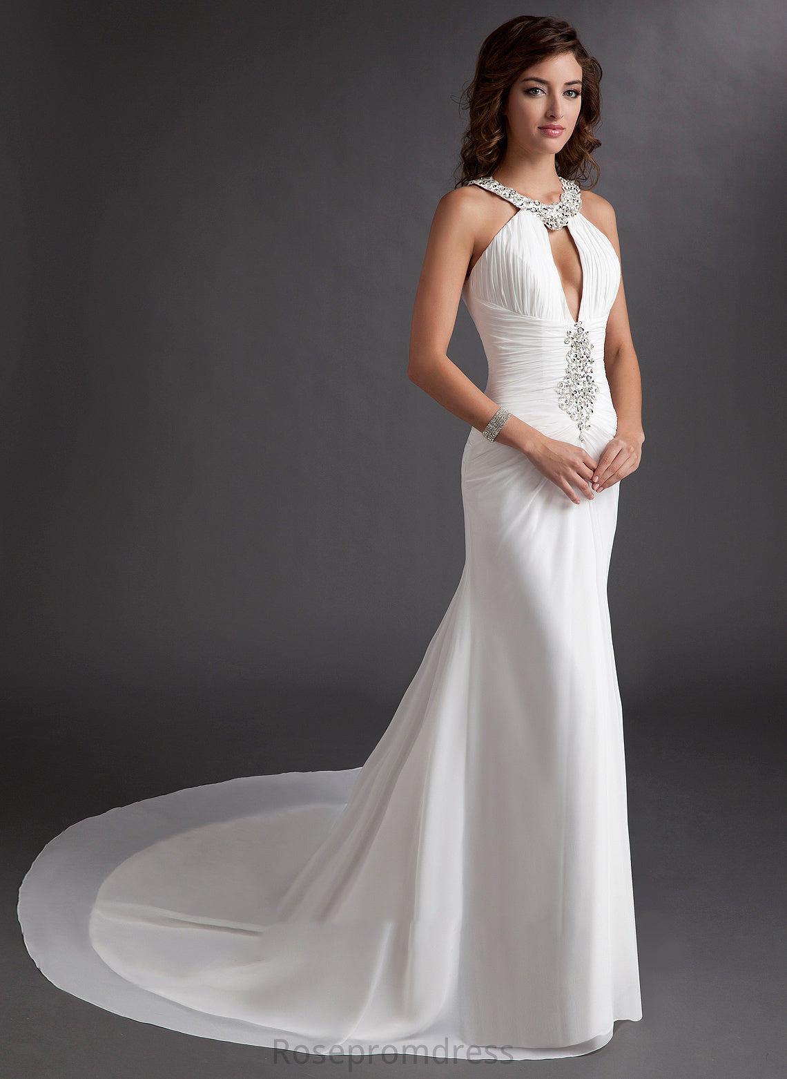 Neck Leslie Scoop Chiffon Prom Dresses Sequins Train Ruffle Beading With Chapel Trumpet/Mermaid