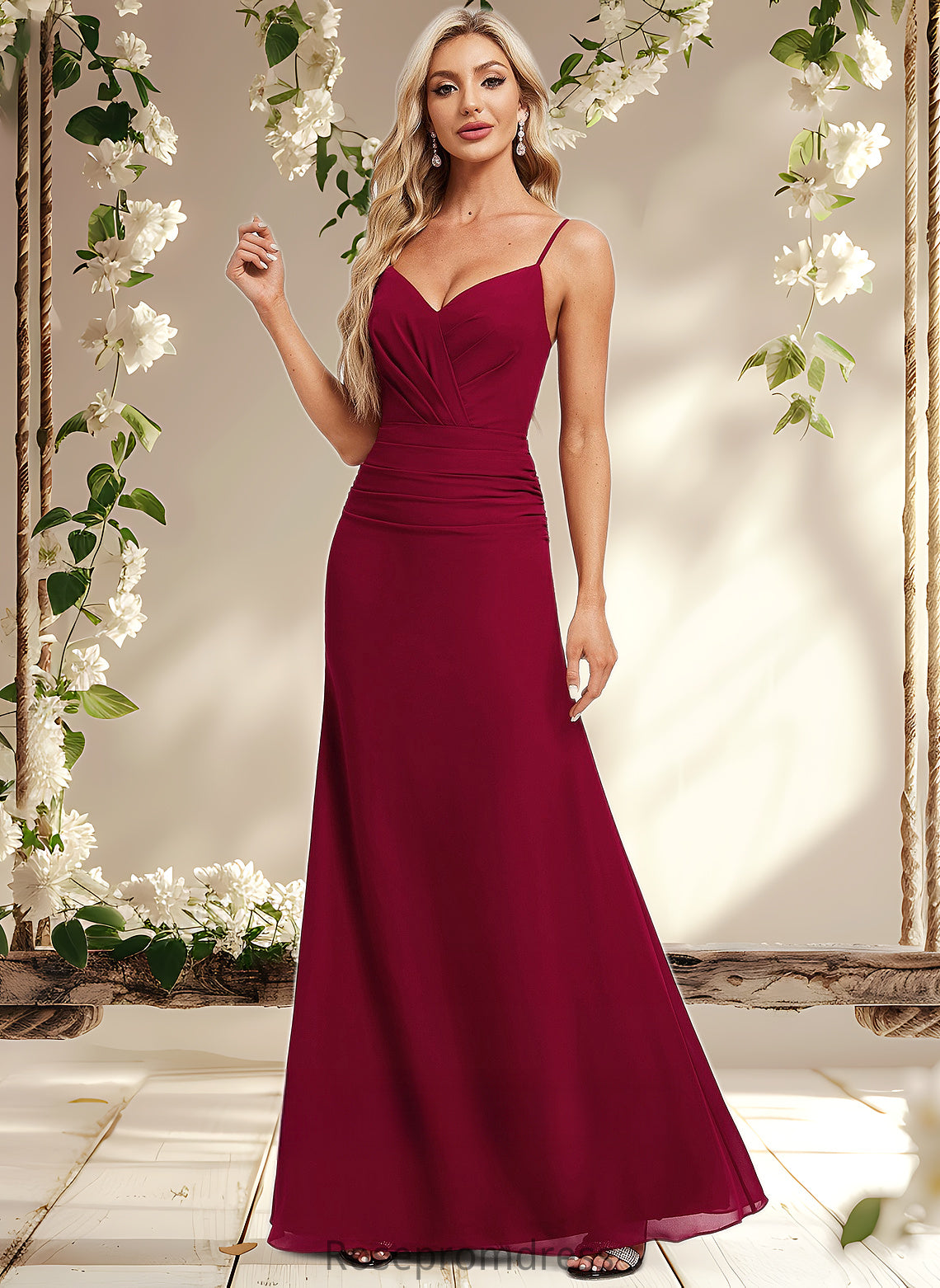 Nathalie Trumpet/Mermaid V-Neck Floor-Length Chiffon Bridesmaid Dress DSP0025825