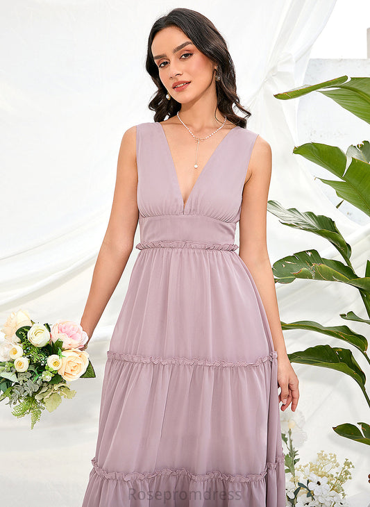 Neckline A-Line Polyester Length Silhouette Straps Fabric V-neck Tea-Length Annabel A-Line/Princess Natural Waist Bridesmaid Dresses