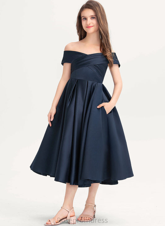 Yesenia With Satin Tea-Length Ruffle Pockets Off-the-Shoulder A-Line Junior Bridesmaid Dresses