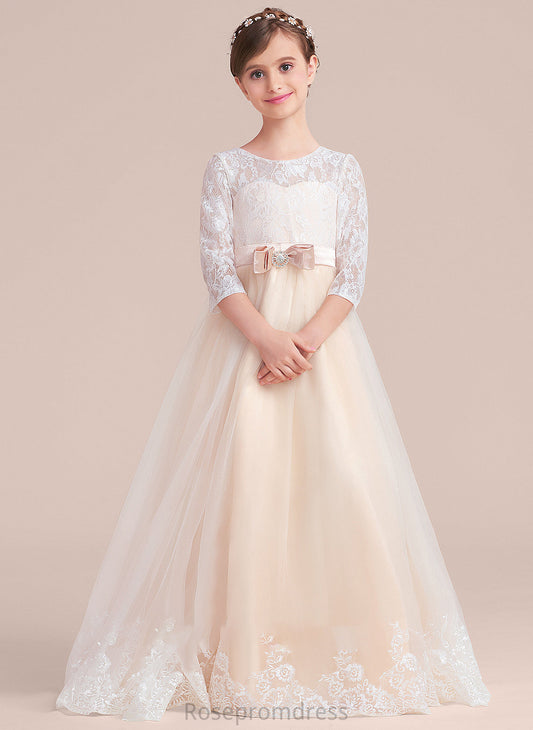 Ball-Gown/Princess Scoop Sash Beading Allyson Junior Bridesmaid Dresses Lace Tulle Floor-Length Bow(s) Neck With