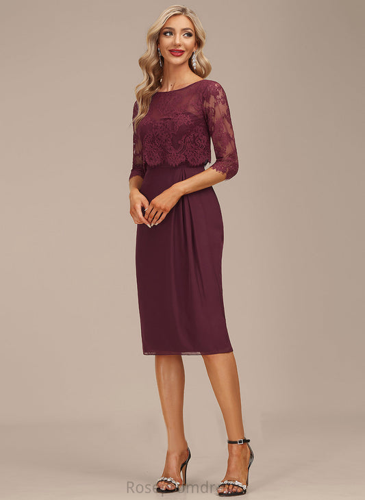 Cocktail Chiffon Scoop Cocktail Dresses Lace Dress Neck Sheath/Column Ruffle With Pearl Knee-Length