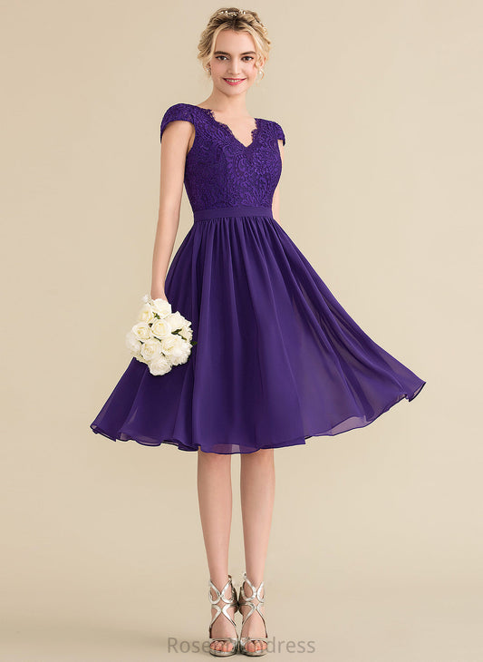 A-Line Fabric Straps Lace Neckline Length V-neck Silhouette Knee-Length Jakayla Off The Shoulder Natural Waist Bridesmaid Dresses