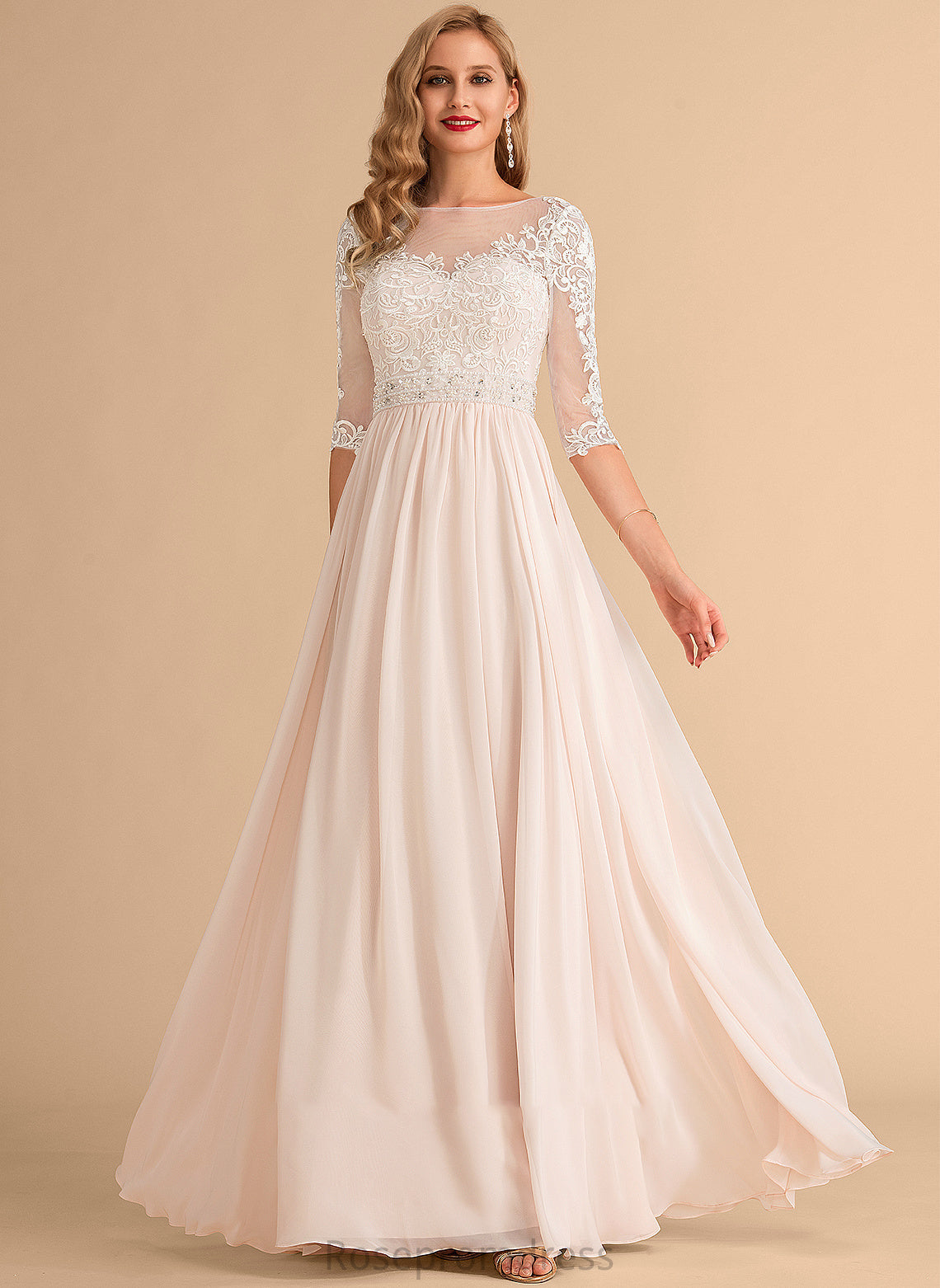 Dress Beading Floor-Length A-Line Lace With Sequins Janae Wedding Dresses Chiffon Wedding Illusion