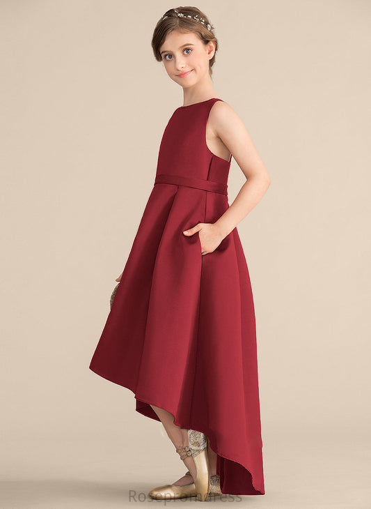 Asymmetrical Satin Pockets Scoop Ruffle Rayna Neck Junior Bridesmaid Dresses A-Line With