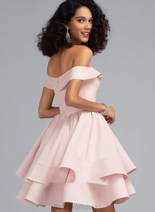 Prom Dresses Cascading Stretch Ruffles Crepe With Off-the-Shoulder Short/Mini Gina A-Line
