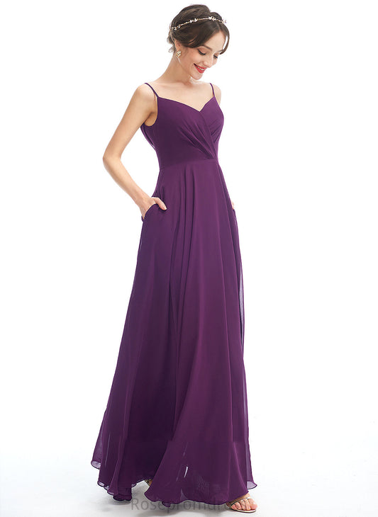 Pockets Embellishment A-Line Length Floor-Length V-neck Fabric Silhouette Neckline Gertie Natural Waist Spaghetti Staps Bridesmaid Dresses
