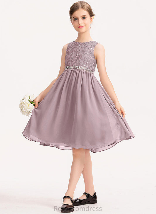 A-Line Chiffon Lace Junior Bridesmaid Dresses Bow(s) Beading Scoop With Knee-Length Cali Neck