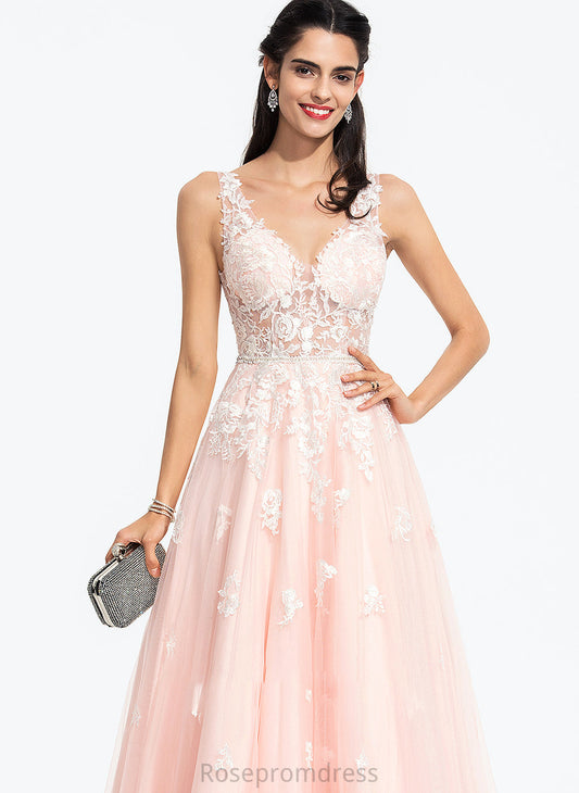 Novia V-neck Floor-Length With Tulle Sequins Prom Dresses Ball-Gown/Princess Beading