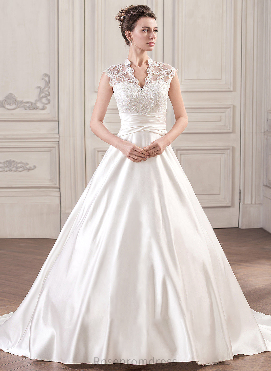 Dress Satin Lace Ruffle Court Dahlia Wedding Wedding Dresses Ball-Gown/Princess With Train V-neck
