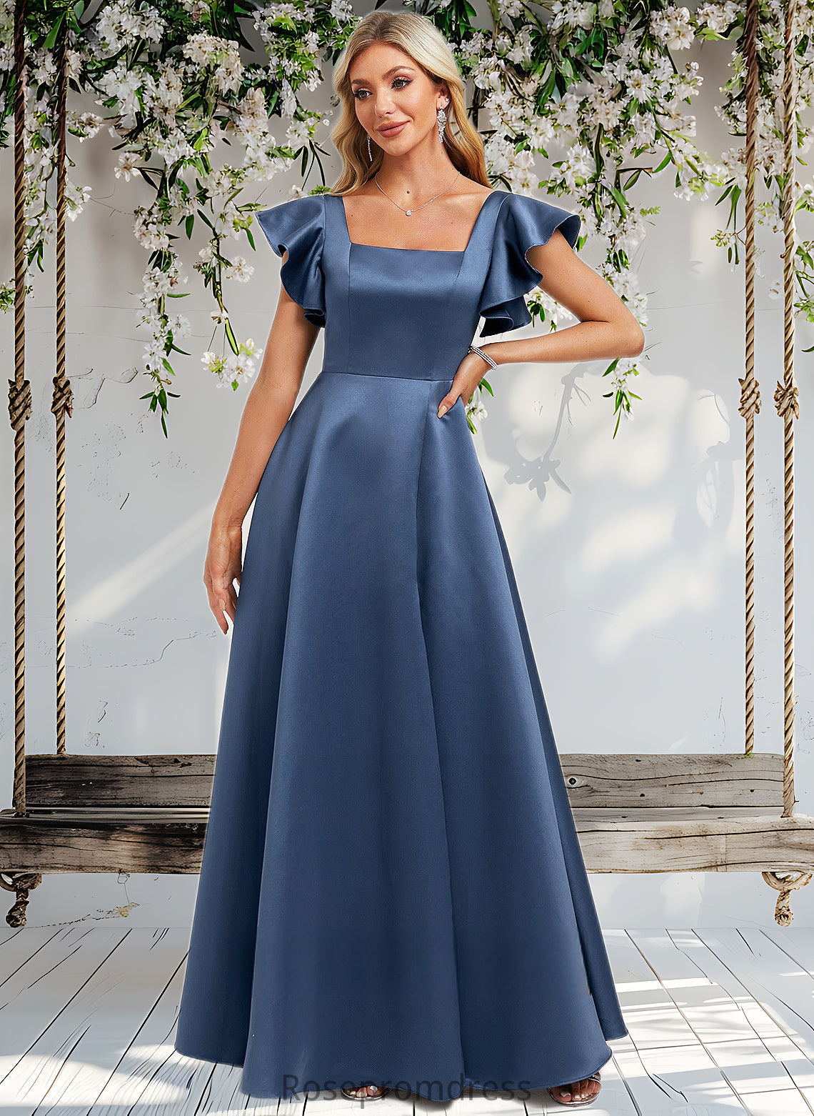 Nell A-line Square Floor-Length Satin Bridesmaid Dress With Ruffle DSP0025774