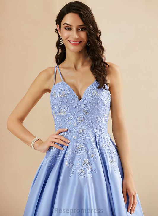 Satin Beading Ball-Gown/Princess Floor-Length Prom Dresses Ursula With Sequins V-neck