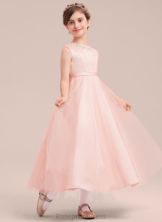 Iris - Sleeveless Ankle-length Beading/Bow(s) A-Line/Princess Scoop Neck Girl Flower Girl Dresses With Flower Satin/Tulle Dress