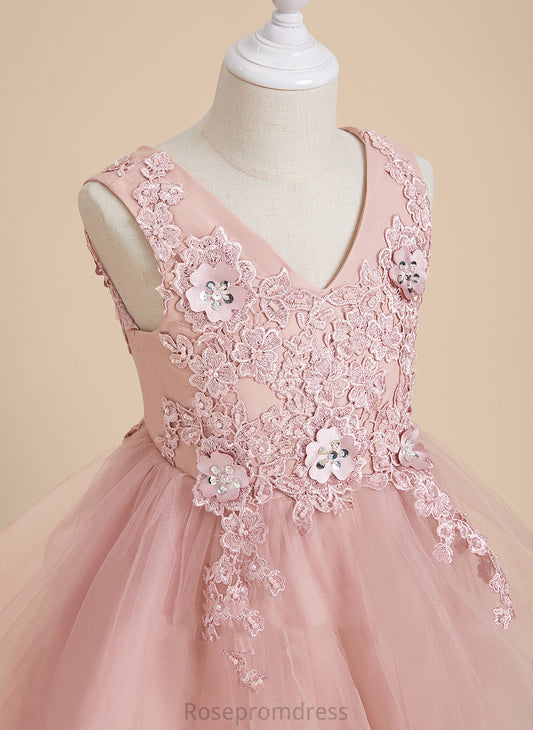 Flower Girl Kinsley Knee-length Sleeveless Tulle/Lace A-Line Beading/Flower(s)/Sequins With Flower Girl Dresses - V-neck Dress