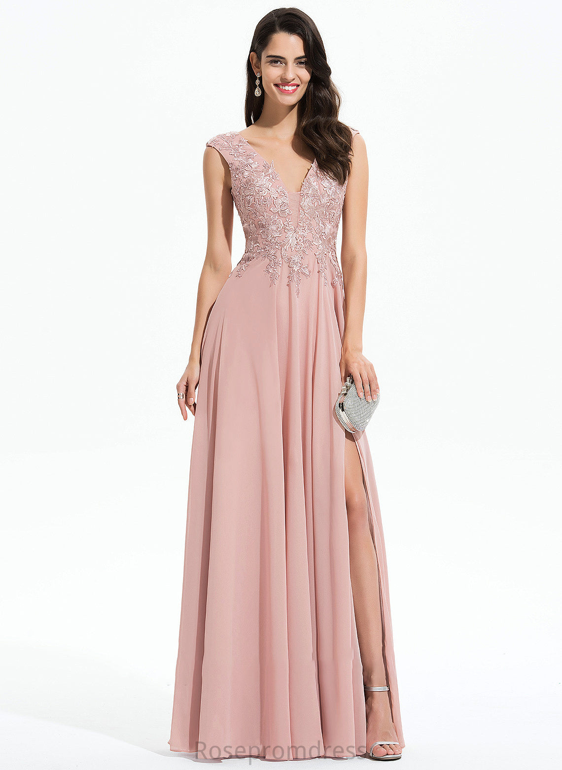 Prom Dresses Front Floor-Length Lace Split Chiffon A-Line Destiny V-neck With
