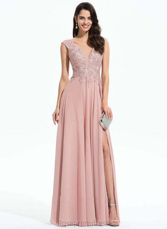 Prom Dresses Front Floor-Length Lace Split Chiffon A-Line Destiny V-neck With