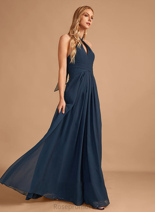 A-Line Halter Embellishment Ruffle Length Neckline Floor-Length Silhouette Fabric Alexandra Bridesmaid Dresses