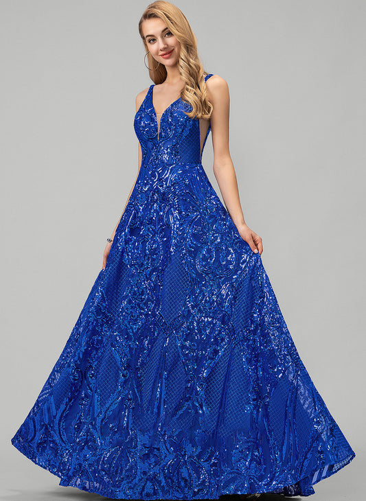 Prom Dresses Sequined Floor-Length Sequins A-Line V-neck Sadie With