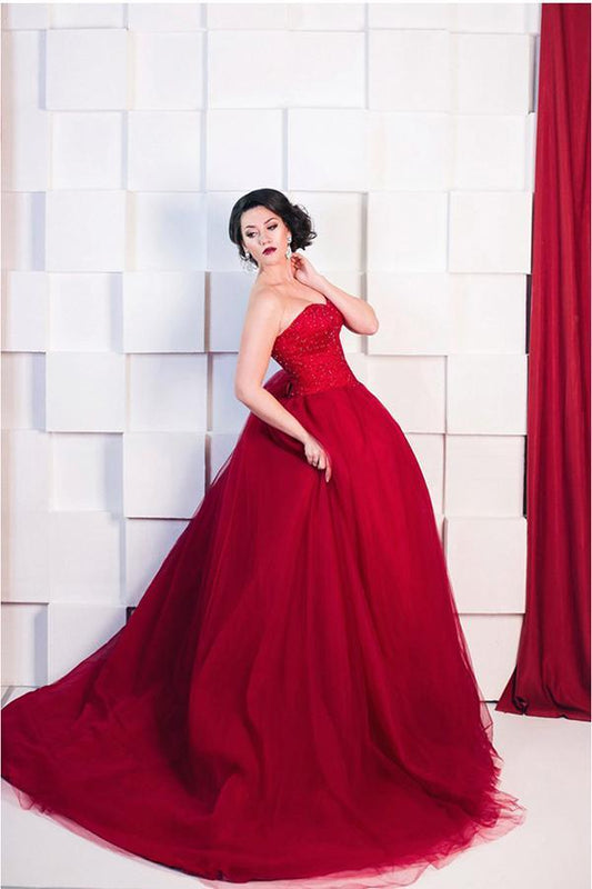 New Style Red Tulle Lace up Sweetheart Strapless Beads Ball Gown Prom Quinceanera Dress RS512