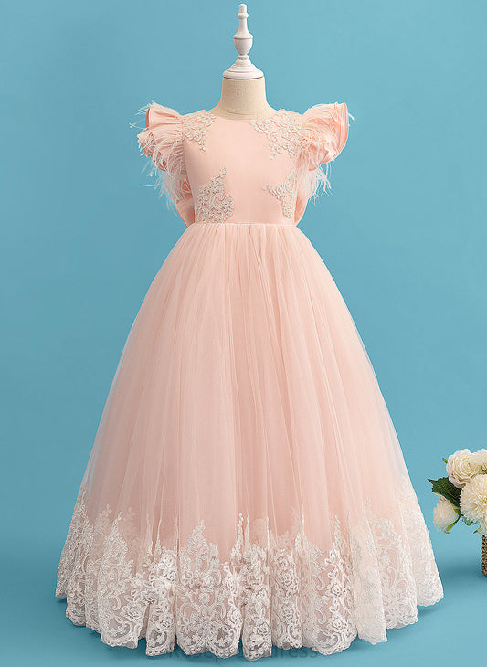 Ball-Gown/Princess Floor-length Ruffles/Feather/Bow(s) - Ashleigh Flower Flower Girl Dresses Dress Neck Sleeves Scoop Girl Lace With Short
