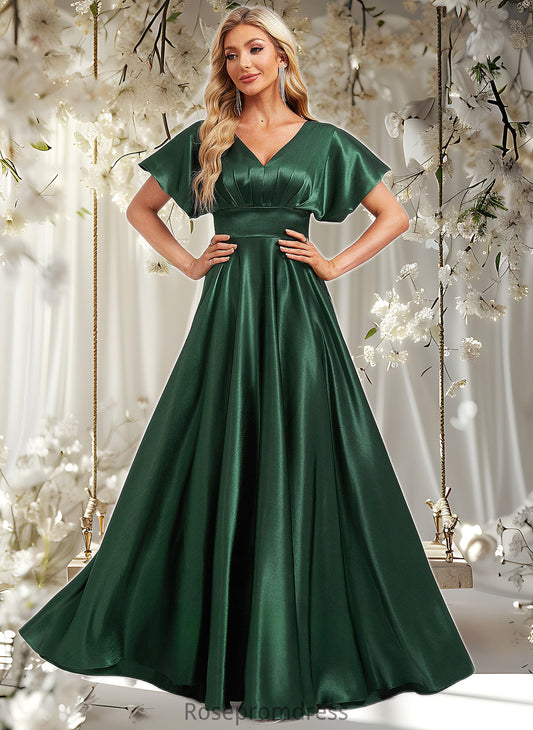 Haley A-line V-Neck Floor-Length Stretch Satin Bridesmaid Dress DSP0025782