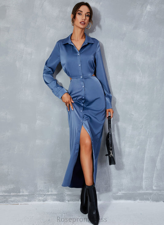 Polyester V-Neck A-line Casual Dresses Sleeves Long Front Split Makaila Club Dresses Midi