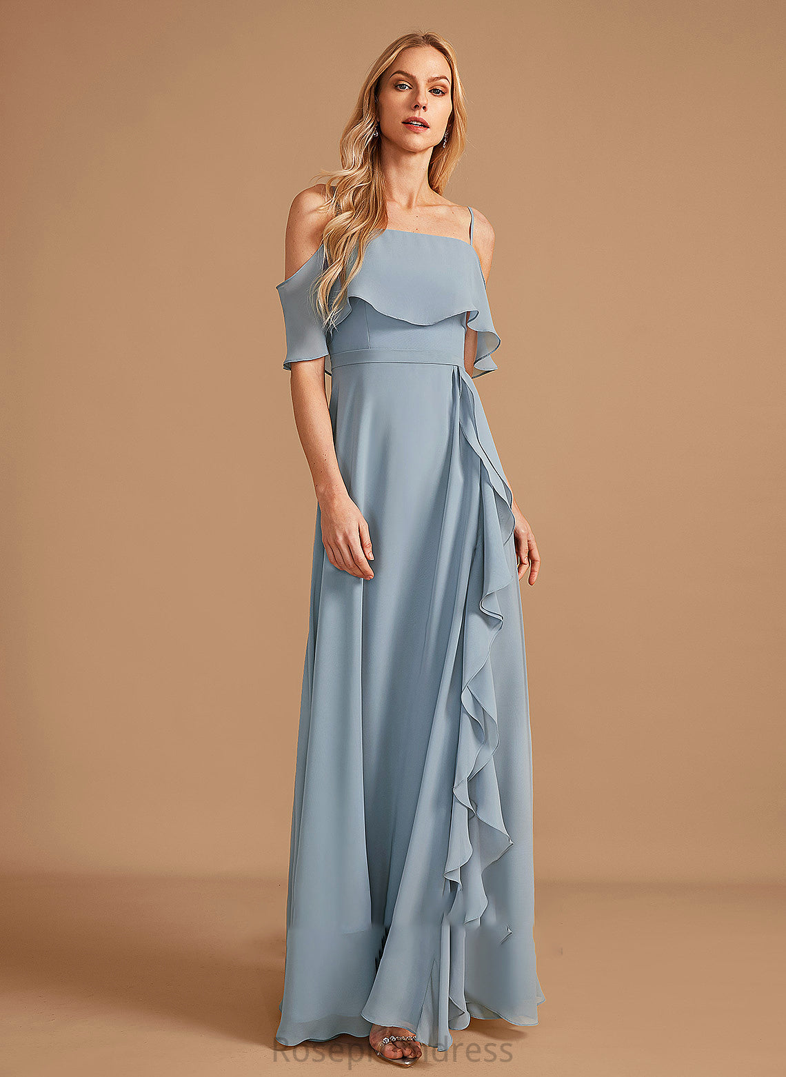 Ruffle Length Off-the-Shoulder A-Line Fabric Floor-Length SplitFront Silhouette Embellishment Neckline Jaliyah Natural Waist Bridesmaid Dresses