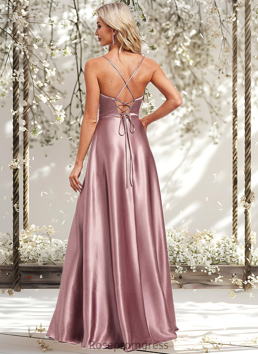 Naomi A-line V-Neck Floor-Length Stretch Satin Bridesmaid Dress DSP0025822