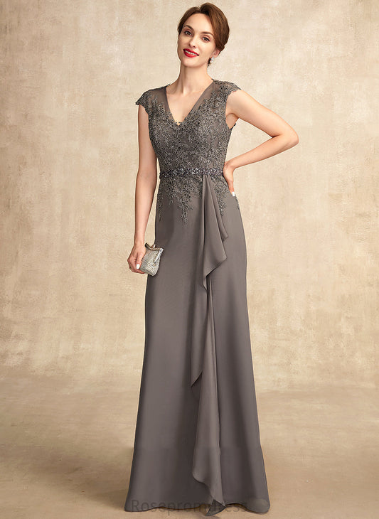 With the Floor-Length Bride Dress A-Line Cascading Mother of the Bride Dresses Mother Beading V-neck Lace Ruffles Chiffon Aniya of Sequins