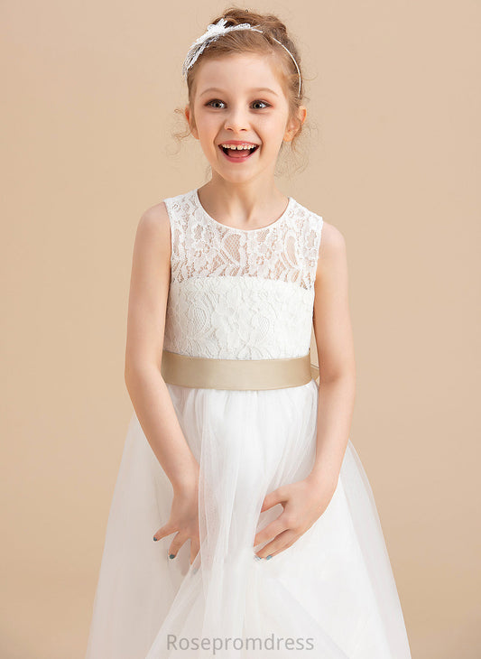 Girl Flower Hole With Jaylee Tulle/Lace Dress Tea-length Flower Girl Dresses Sash/Bow(s)/Back Sleeveless Scoop Neck A-Line/Princess