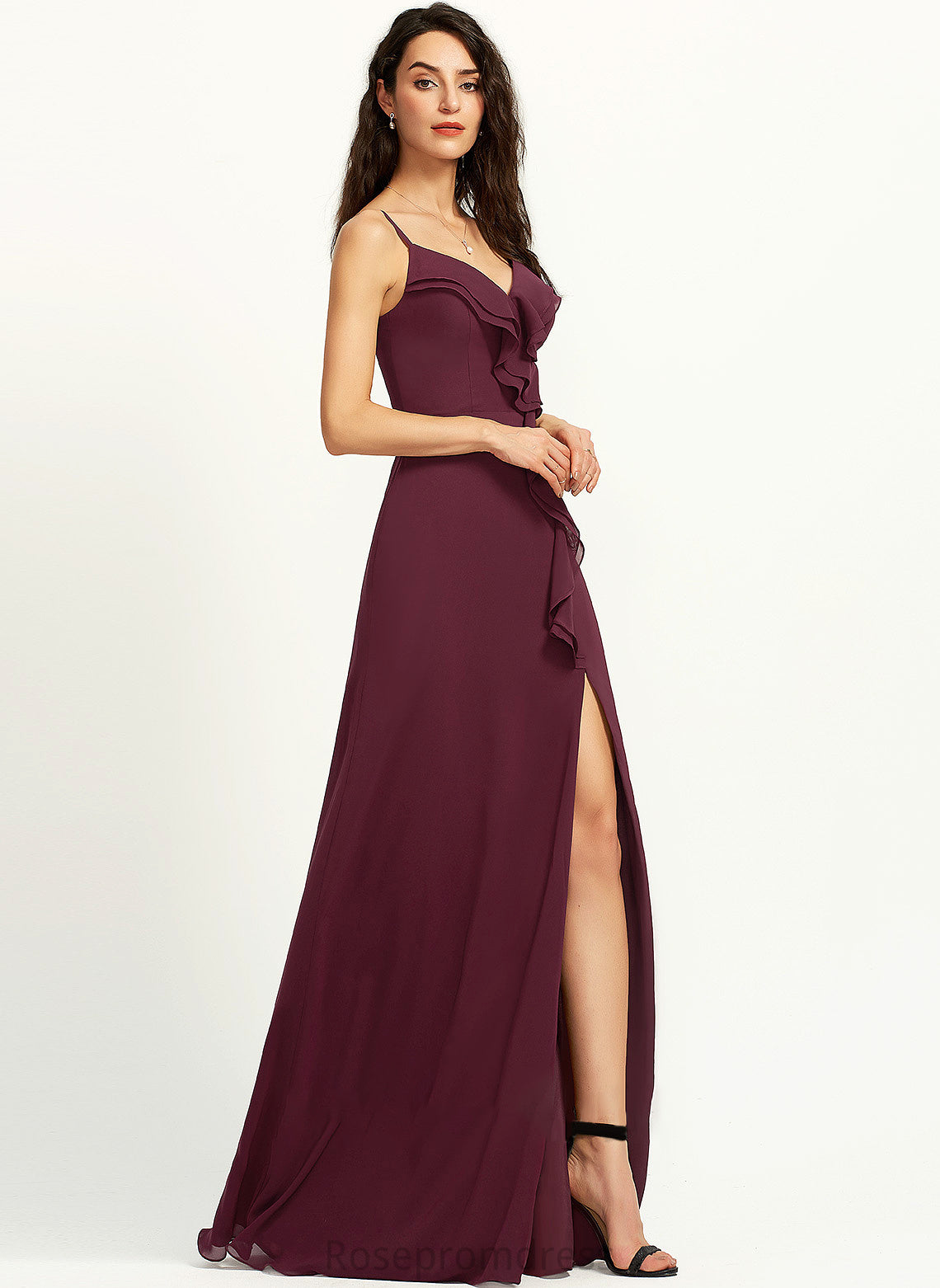 Ruffle Raven Floor-Length With Split Front Sheath/Column Prom Dresses V-neck