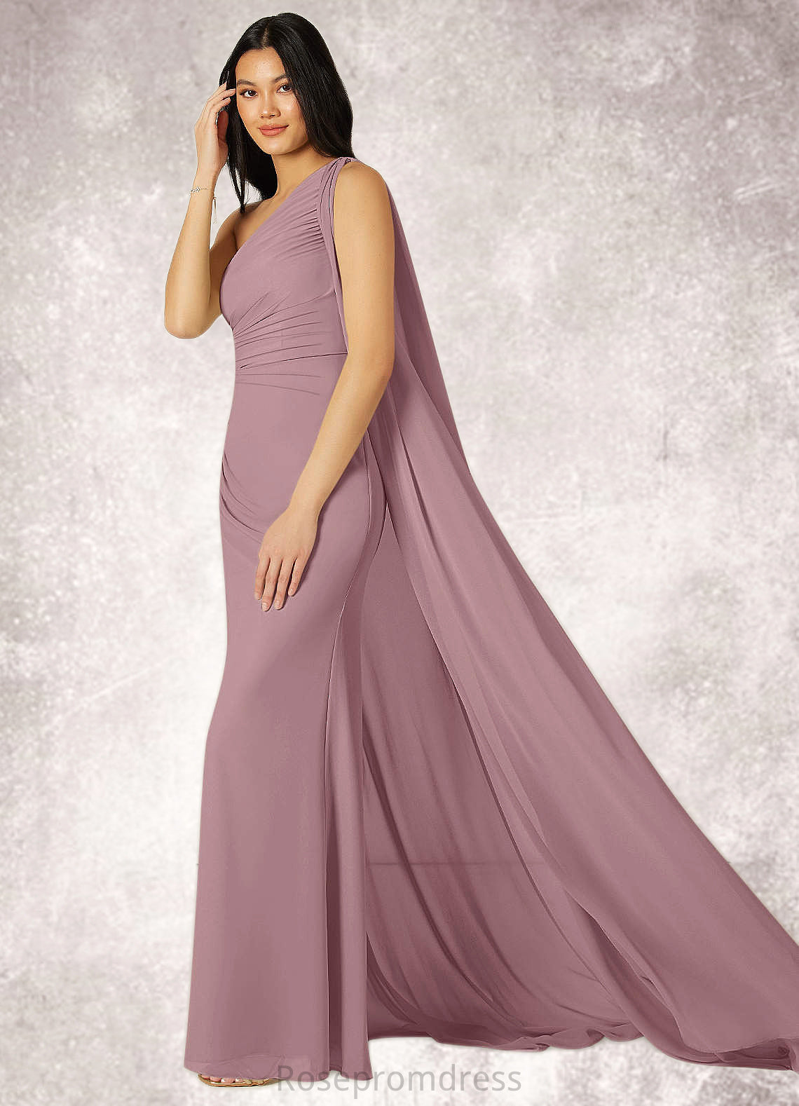 Kyla Mermaid One Shoulder Chiffon Chapel Train Dress SRSP0019739