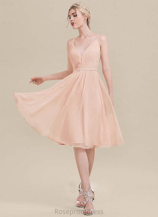 Embellishment Length Silhouette V-neck Fabric Ruffle A-Line Knee-Length Neckline Mariela Natural Waist Trumpet/Mermaid Bridesmaid Dresses