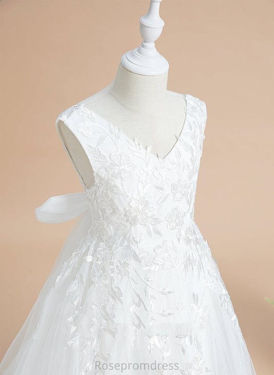 Flower With Train - Sweep Flower Girl Dresses Tulle/Lace Dress Jazmin Girl Bow(s) V-neck Ball-Gown/Princess Sleeveless