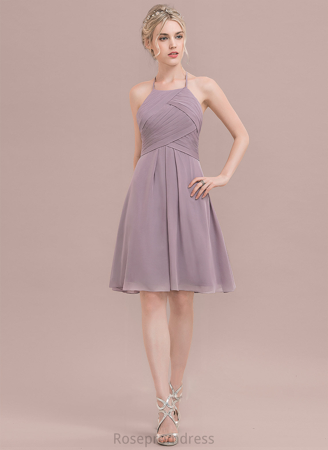 Ruffle A-Line Length Neckline ScoopNeck Silhouette Embellishment Fabric Knee-Length Elaina Bridesmaid Dresses
