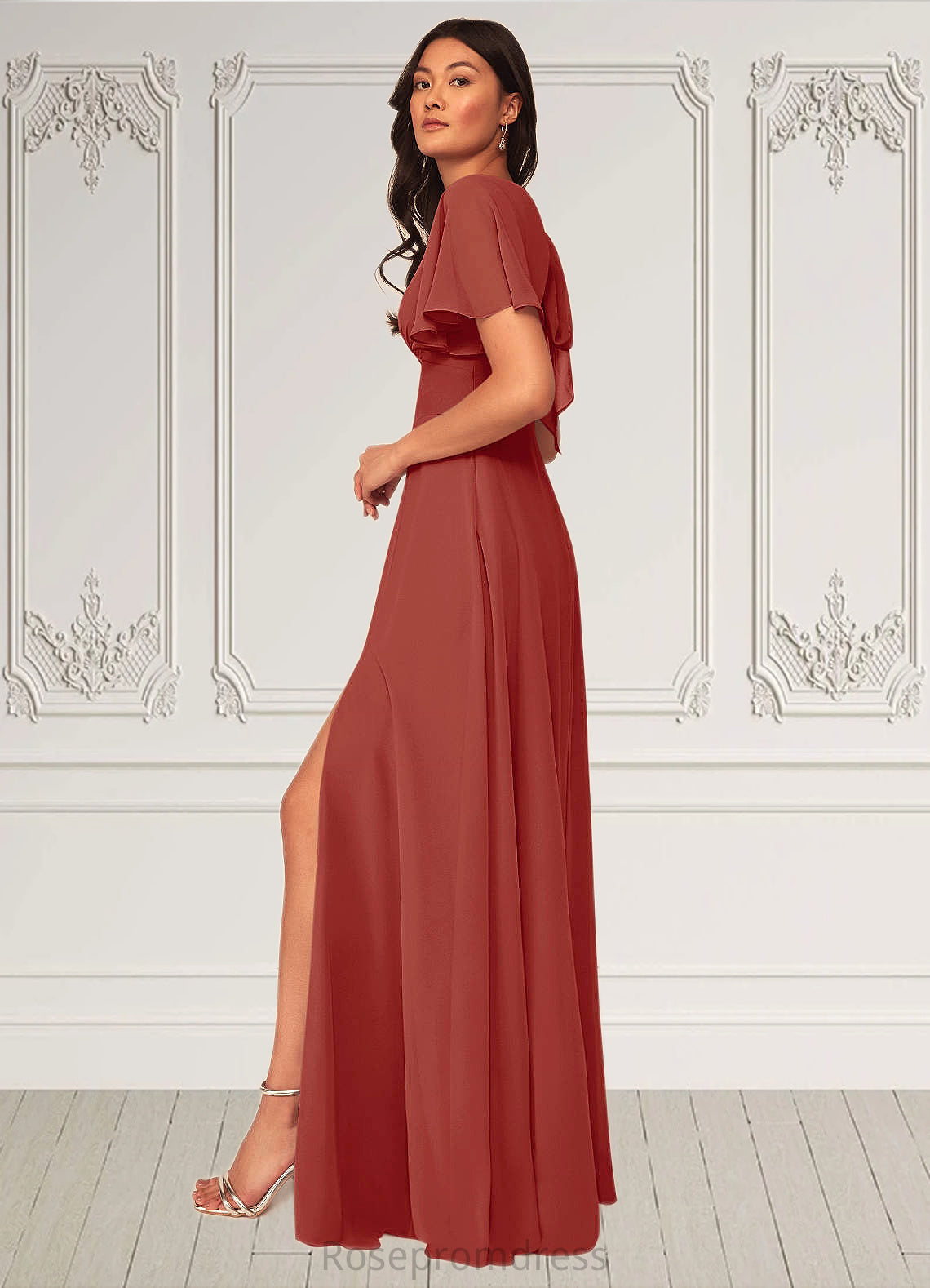 Angela A-Line Ruched Chiffon Floor-Length Dress SRSP0019603