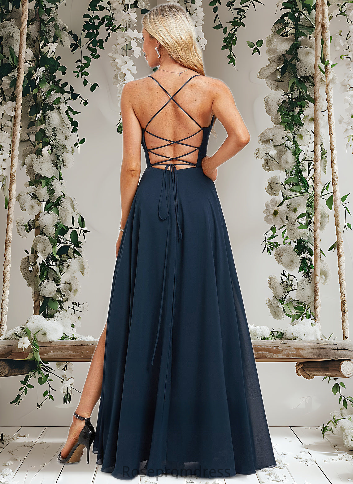 Lynn A-line V-Neck Floor-Length Chiffon Prom Dresses With Pleated DSP0025830