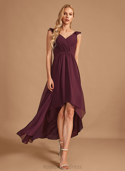 Asymmetrical A-Line V-neck Embellishment Fabric Neckline Silhouette Length Ruffle Elsa Bridesmaid Dresses